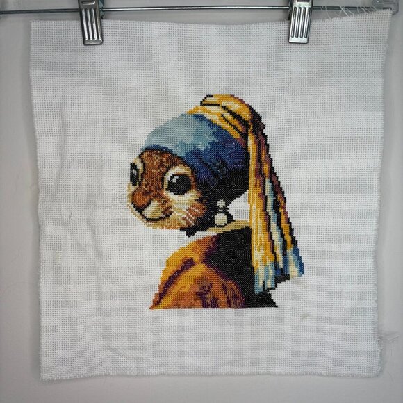 Girl with a Pearl Earring Handmade Crossstitch Complete Artwork Frameable Cat - Picture 2 of 2